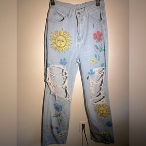 Sun and Flowers Distressed Jeans